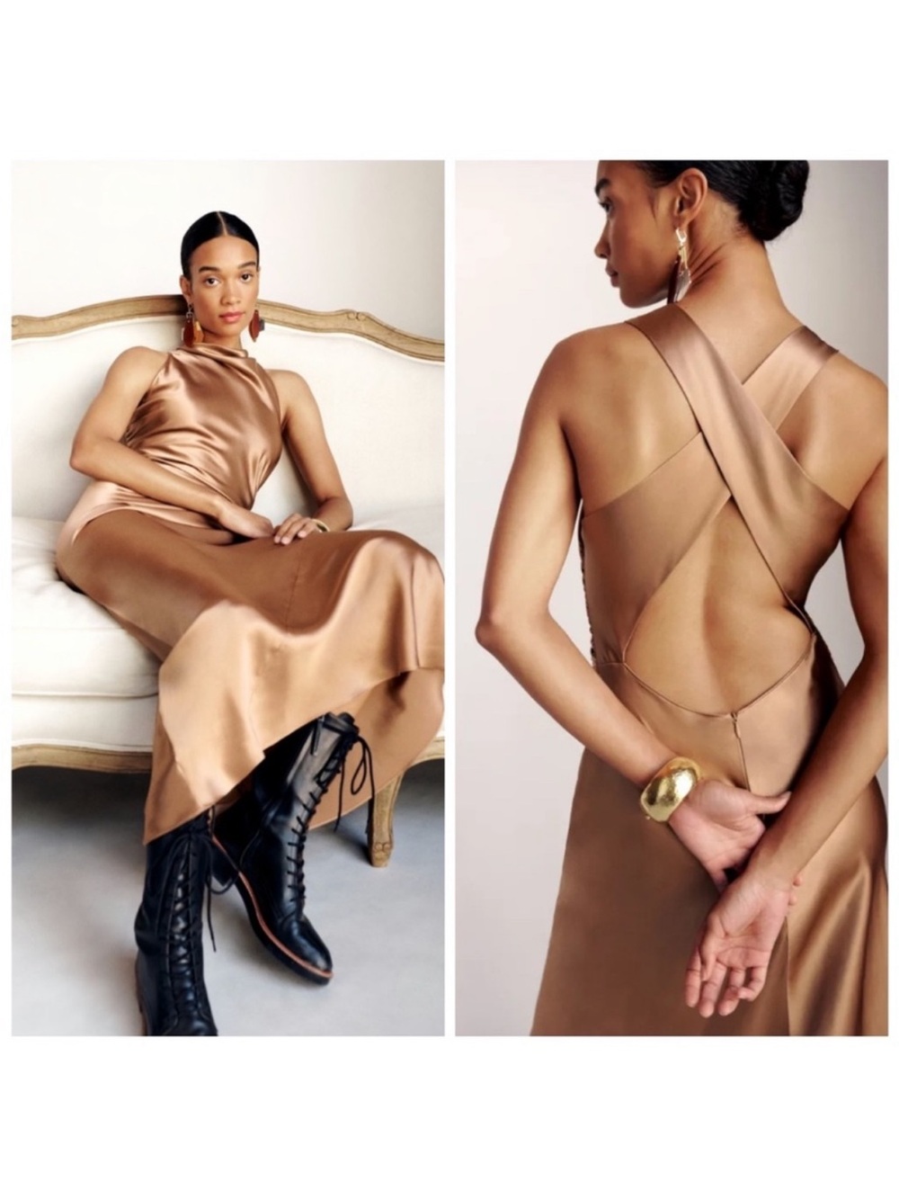 Reformation Bronze Satin Crisscross Back Slip Dress